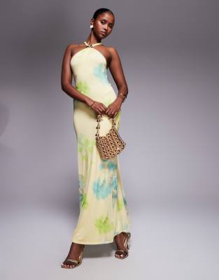 Asos Design Mesh Trimmed Halterneck Maxi Dress With Twisted Back Detail