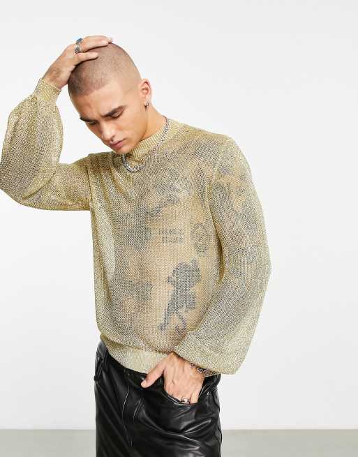 ASOS DESIGN - Mesh trui met ballonmouwen in goud