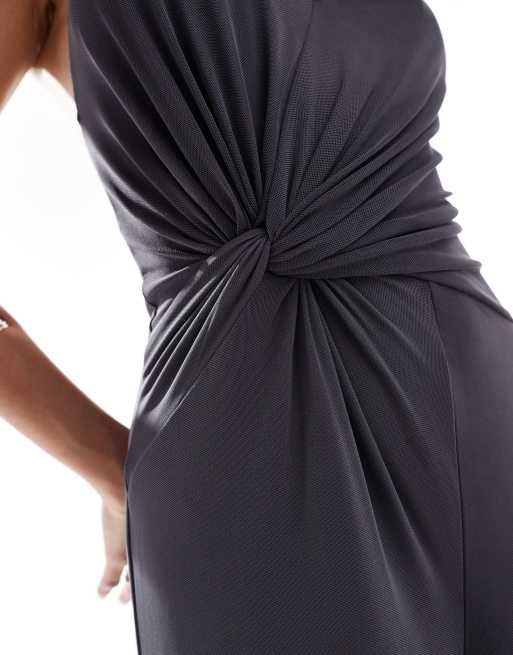 ASOS DESIGN mesh twist bust detail halter jumpsuit with tie back neck in charcoal gray, 3 of 4