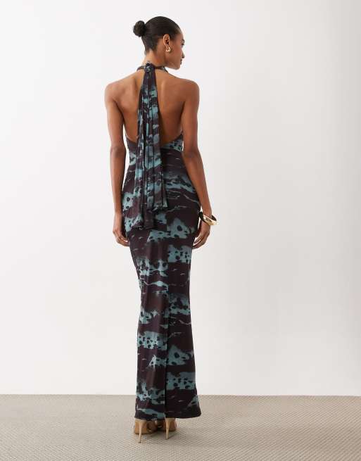 ASOS DESIGN mesh twist bust detail halter maxi dress with tie back neck in abstract print, 3 of 4