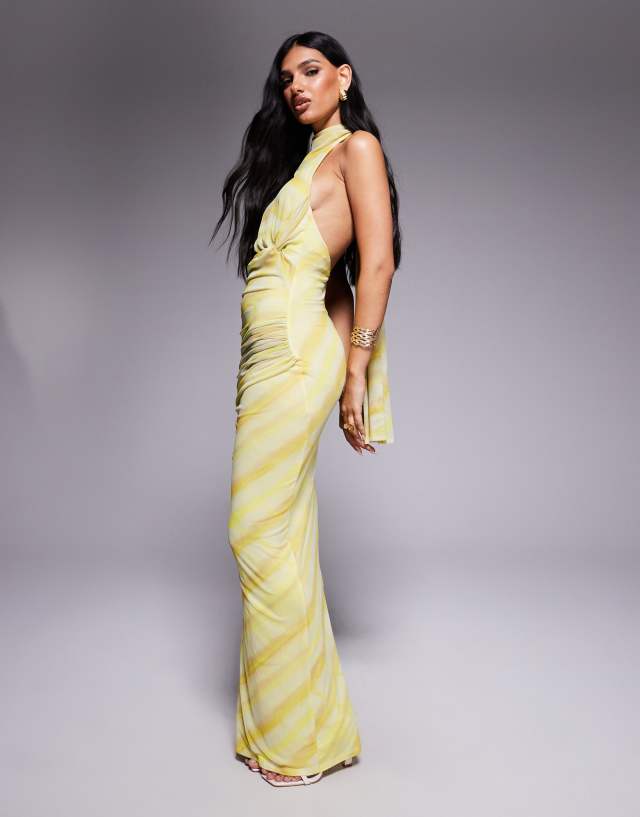 ASOS DESIGN mesh twist bust detail halter maxi dress with tie back neck in blurred stripe print