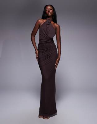 Asos Design Mesh Twist Bust Detail Halter Maxi Dress With Tie Back Neck In Brown
