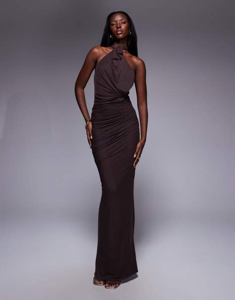 ASOS DESIGN mesh twist bust detail halter maxi dress with tie back neck in chocolate - view 1