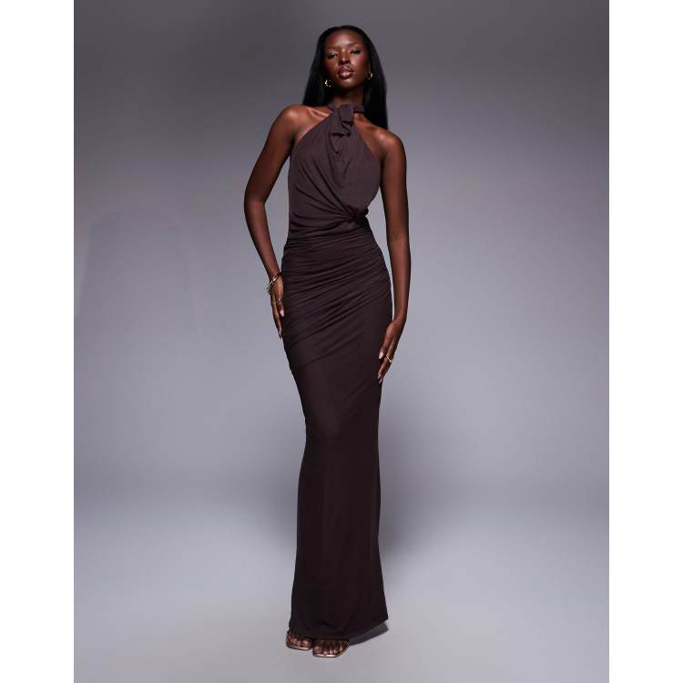 shape chocolate brown mesh wrap neck tie detail bodycon dress ASOS DESIGN twist bust halter maxi with back in western homecoming dresses