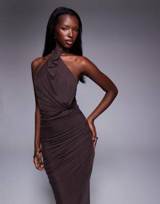 Asos Design Mesh Twist Bust Detail Halter Maxi Dress With Tie Back Neck In Brown