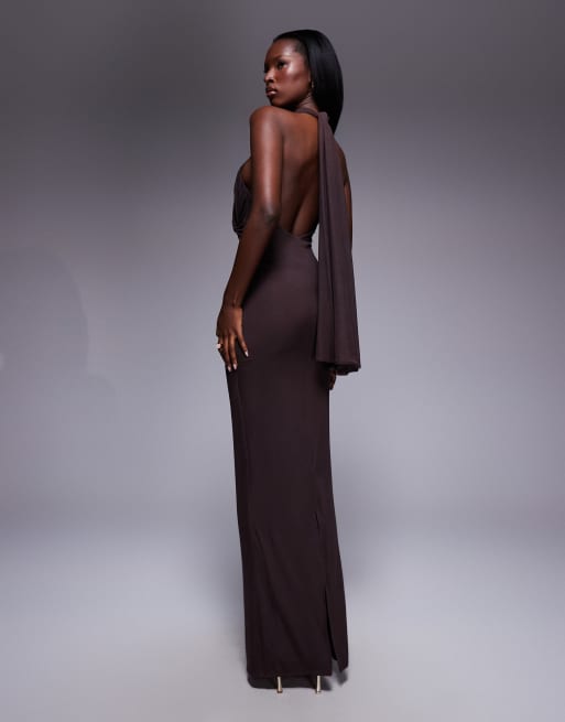 ASOS DESIGN mesh twist bust detail halter maxi dress with tie back neck in chocolate