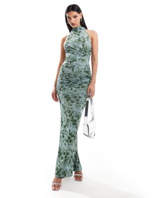 mesh twist bust detail halter maxi dress with tie back neck in green abstract animal print-Multi