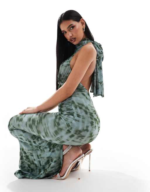 ASOS DESIGN mesh twist bust detail halter maxi dress with tie back neck in green abstract animal print