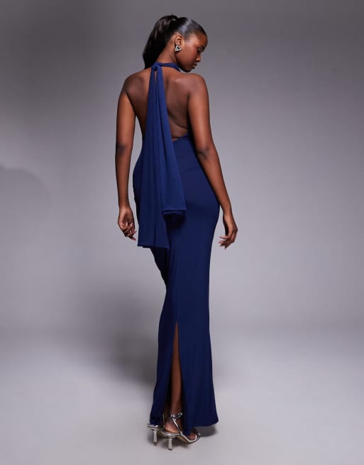 ASOS DESIGN twisted bust detailing mesh maxi dress with tie back halter neck in navy