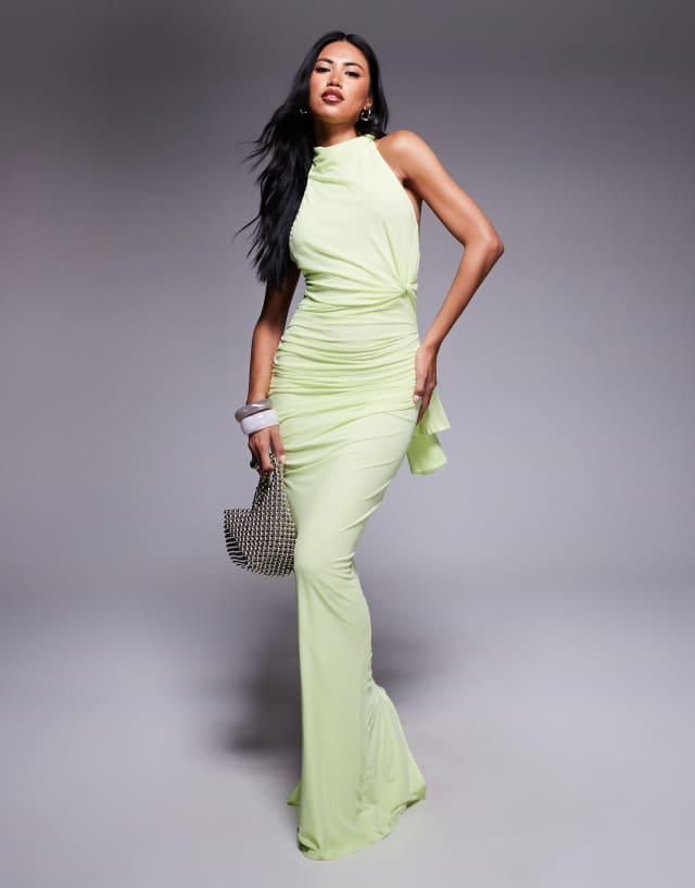 asos design mesh twist bust detail halter maxi dress with tie back neck in pistachio LowStock:42865562189875