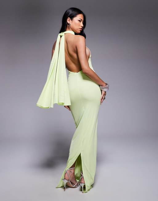 ASOS DESIGN twist bust detail halter maxi dress with tie back neck in pistachio