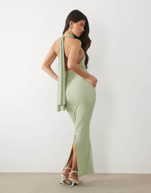 ASOS DESIGN mesh twist bust detail halter maxi dress with tie back neck in sage green, 2 of 4