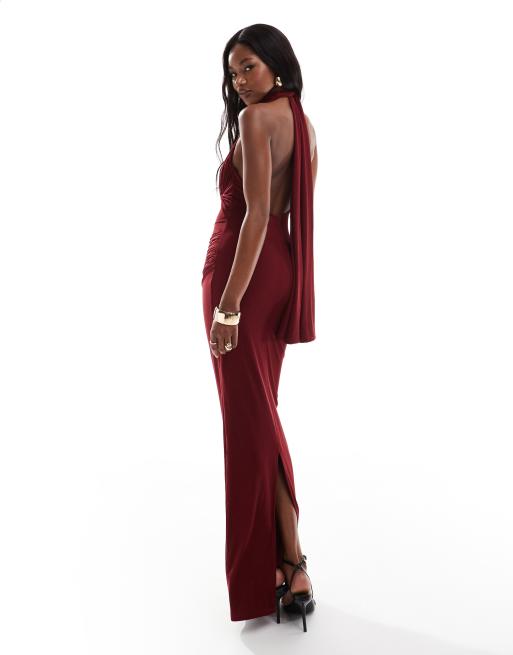 ASOS DESIGN twist bust detail halter maxi dress with tie back neck in wine