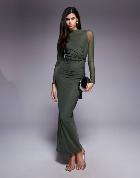ASOS DESIGN mesh twist bust detail long sleeve halter maxi with tie back neck in green - view 1