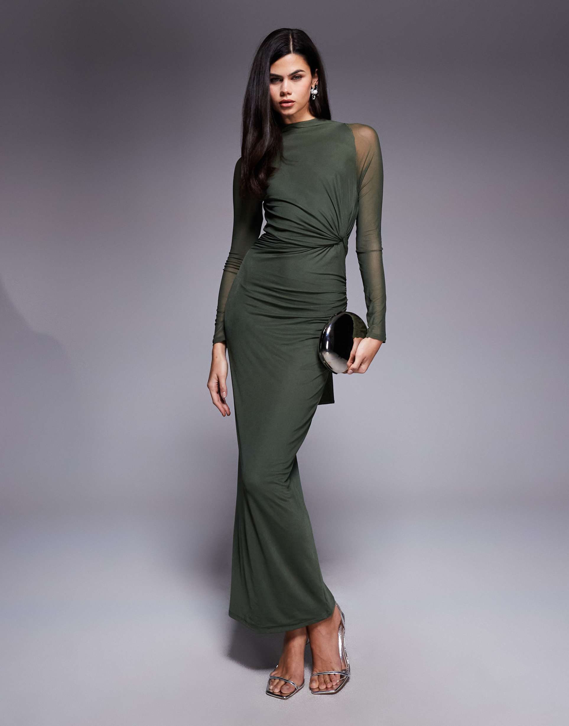 asos design mesh twist bust detail long sleeve halter maxi with tie back neck in green