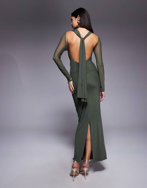 ASOS DESIGN mesh twist bust detail long sleeve halter maxi with tie back neck in green , 2 of 4