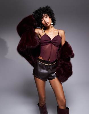 Asos Design Mesh Twist Front Cami In Burgundy-Red
