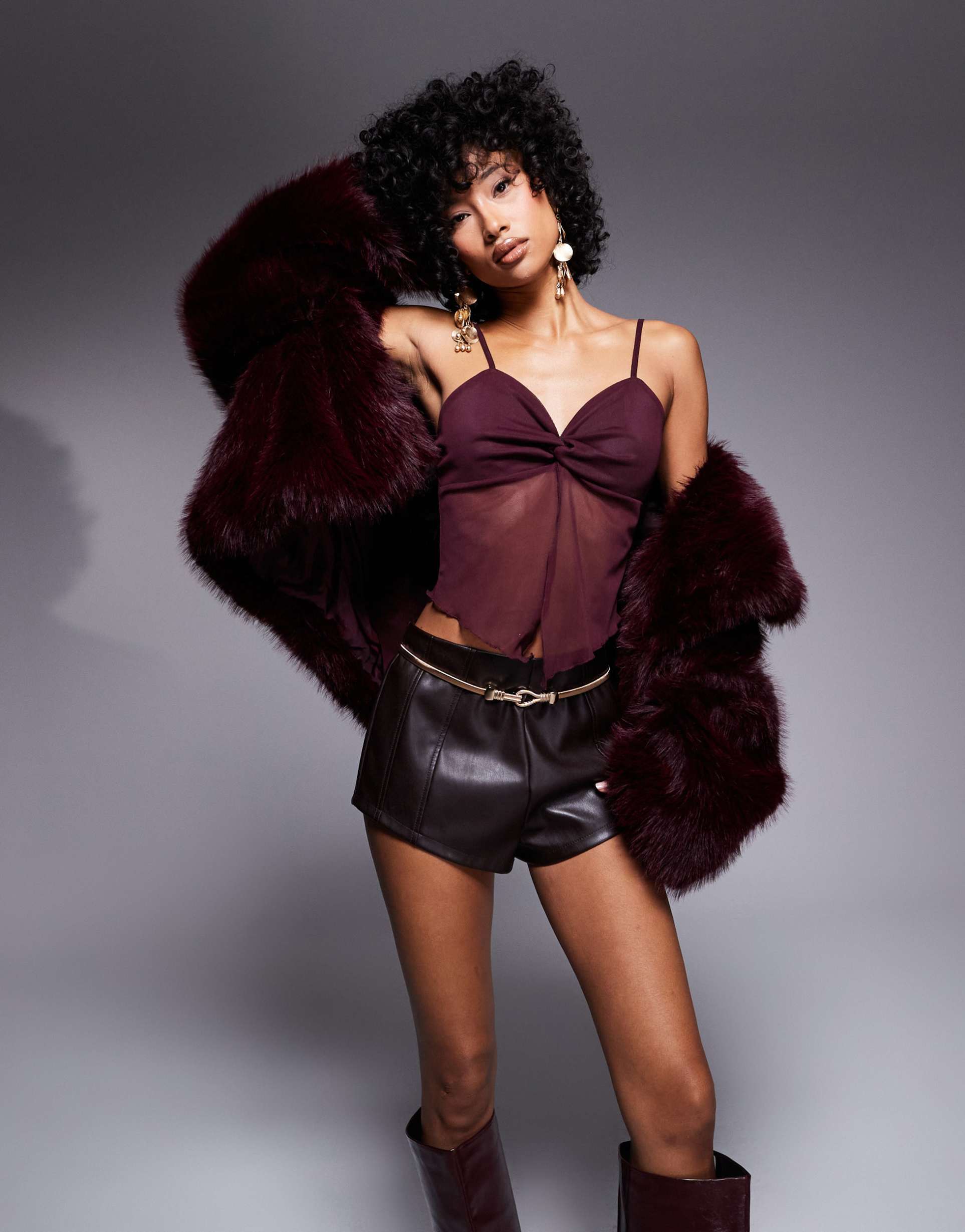 asos design mesh twist front cami in burgundy