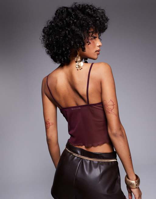 ASOS DESIGN mesh twist front cami in burgundy