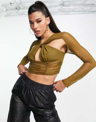 ASOS DESIGN mesh exposed seam cut out top in olive