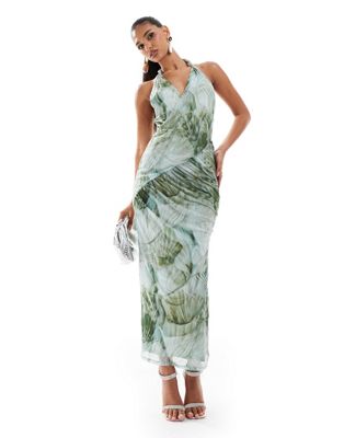 Asos Design Mesh Twist Halter Maxi Dress With Drape Bodice In Tonal Green Shell Print-multi