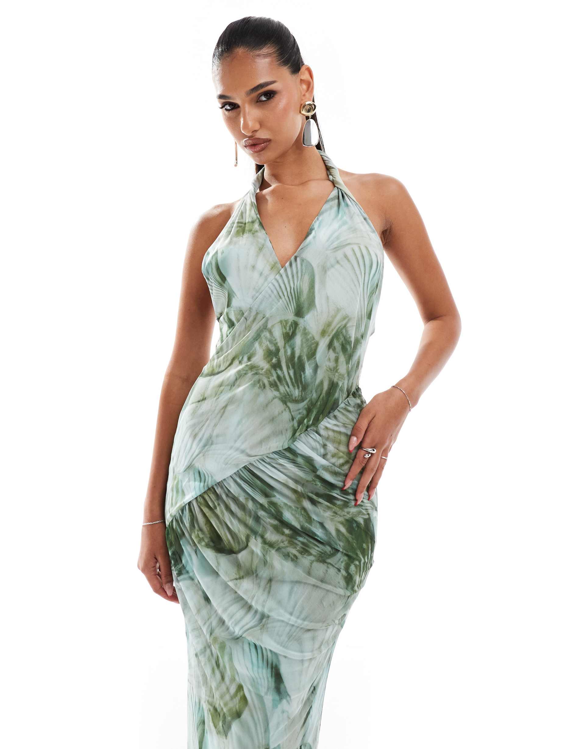 asos design mesh twist halter maxi dress with drape bodice in tonal green shell print