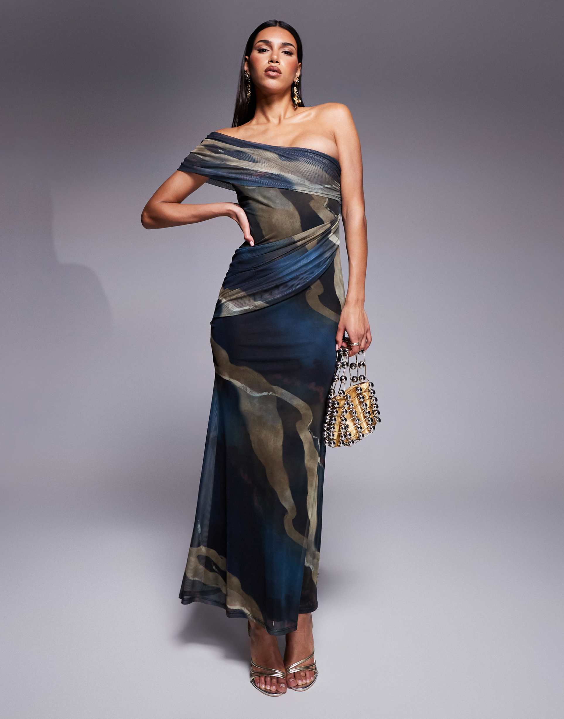 asos design mesh twist one shoulder maxi dress with hitched skirt detail in blue abstract print