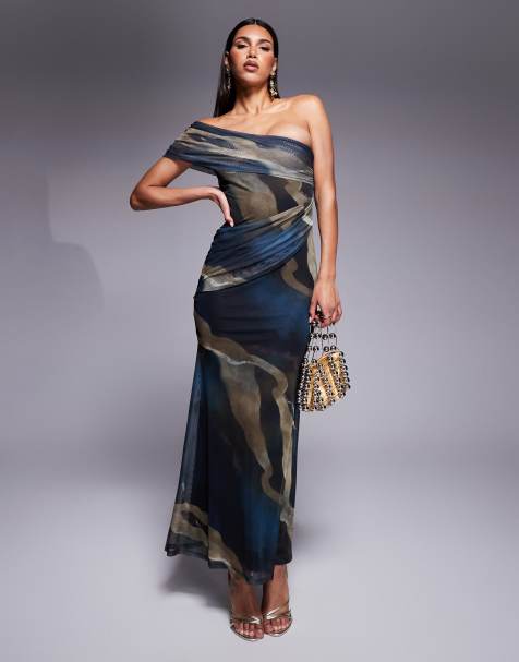ASOS DESIGN mesh twist one shoulder maxi dress with hitched skirt detail in blue abstract print