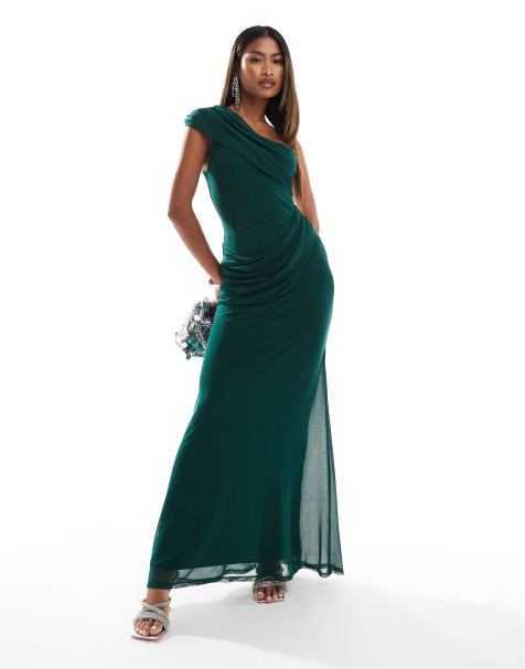 ASOS DESIGN mesh twist one shoulder maxi dress with hitched skirt detail in bottle green - view 1