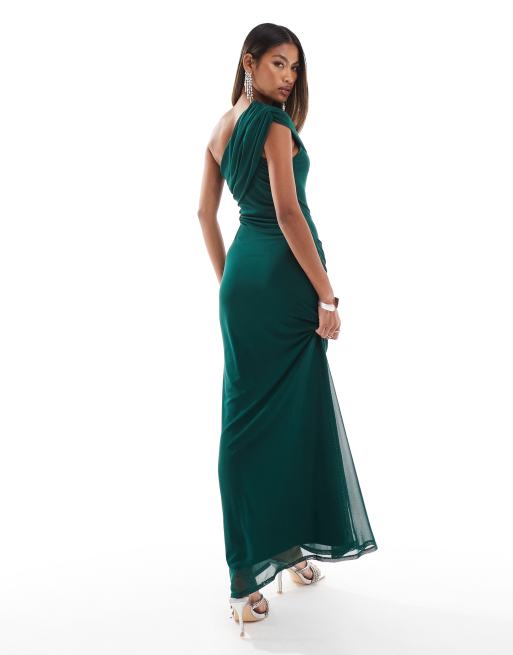 one-shoulder mesh bridesmaid dress with full skirt One Mesh Shoulder Long Mermaid Bridesmaid Dress -