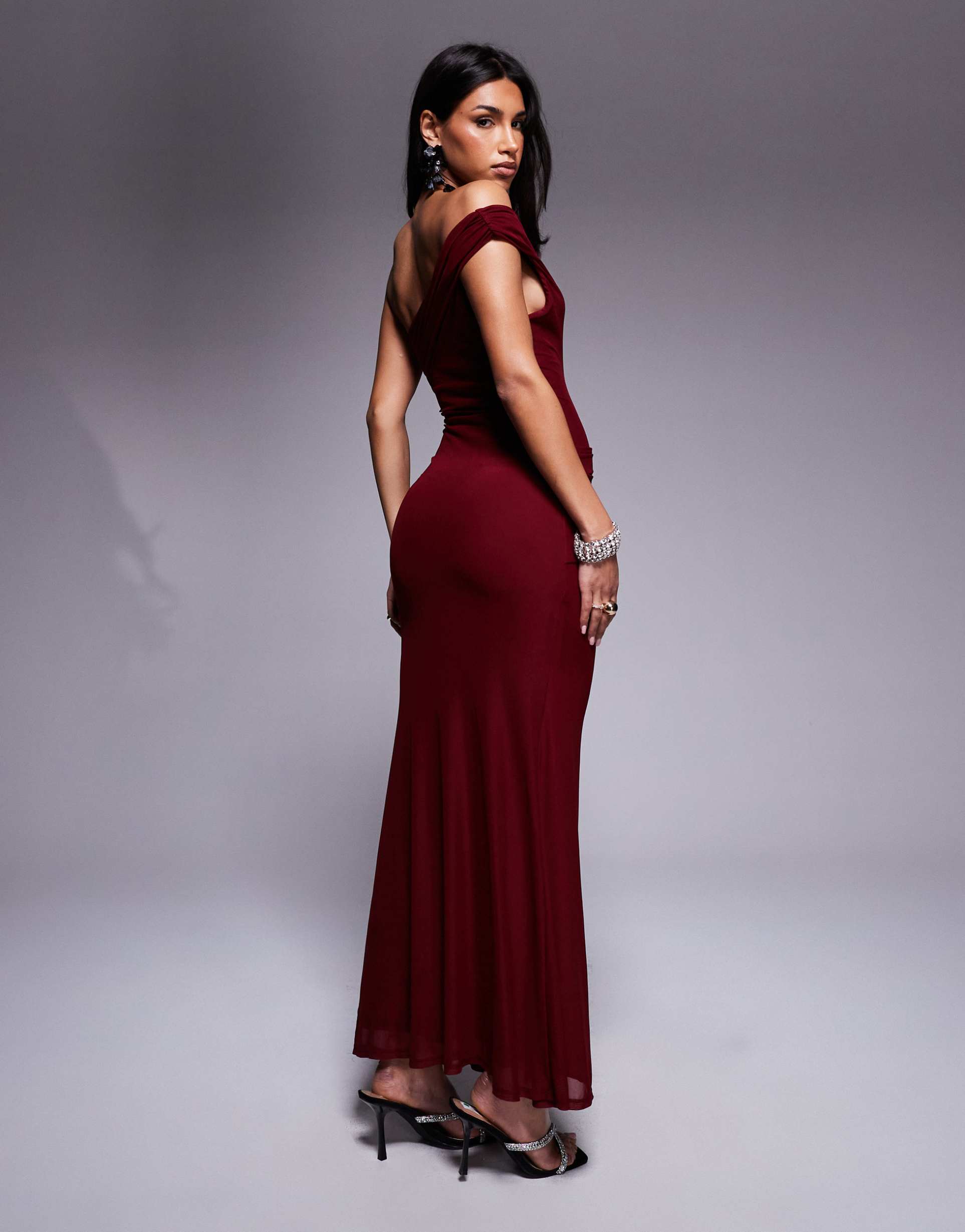 asos design mesh twist one shoulder maxi dress with hitched skirt detail in burgundy