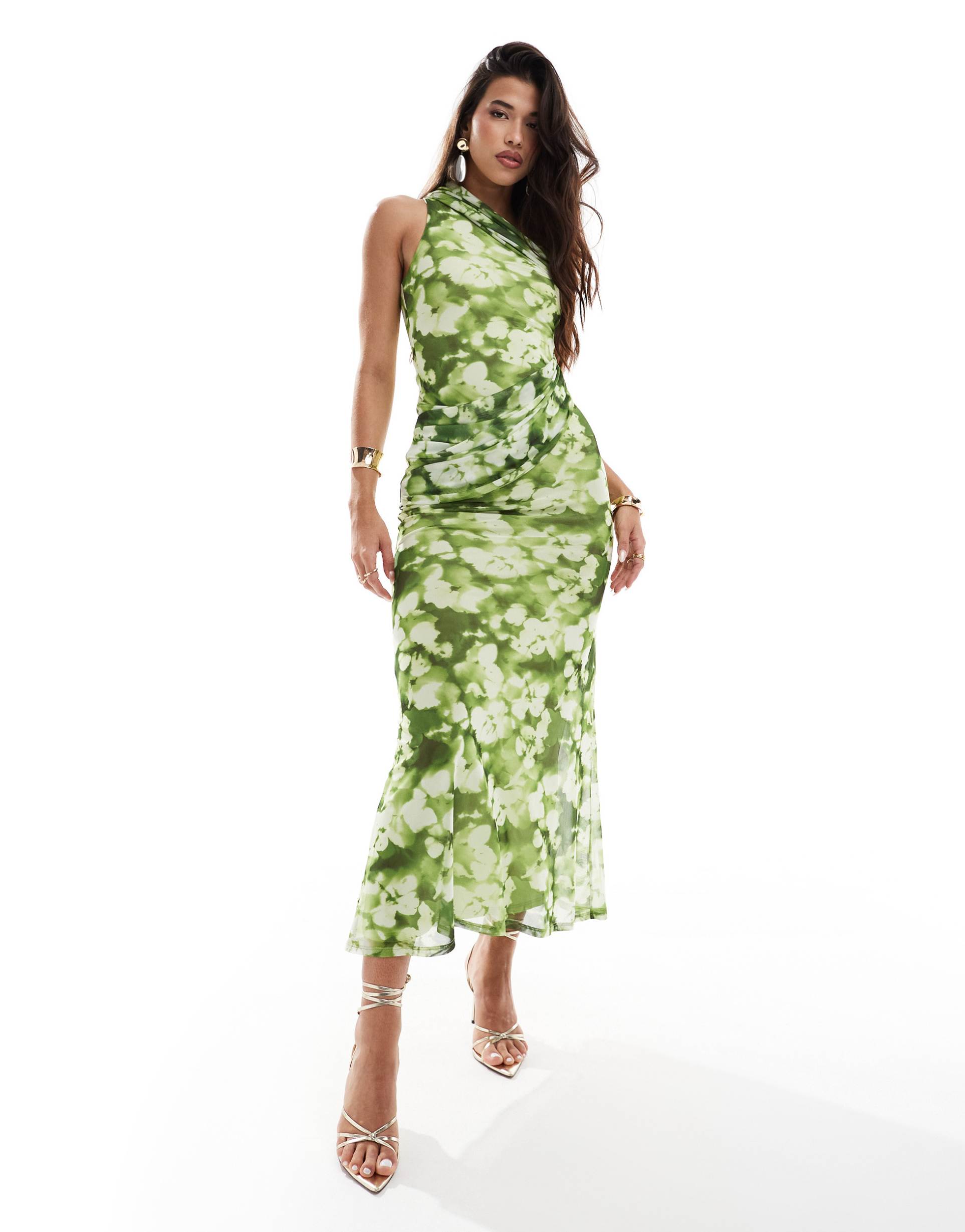 asos design mesh twist one shoulder midi dress with hitched skirt detail in green floral