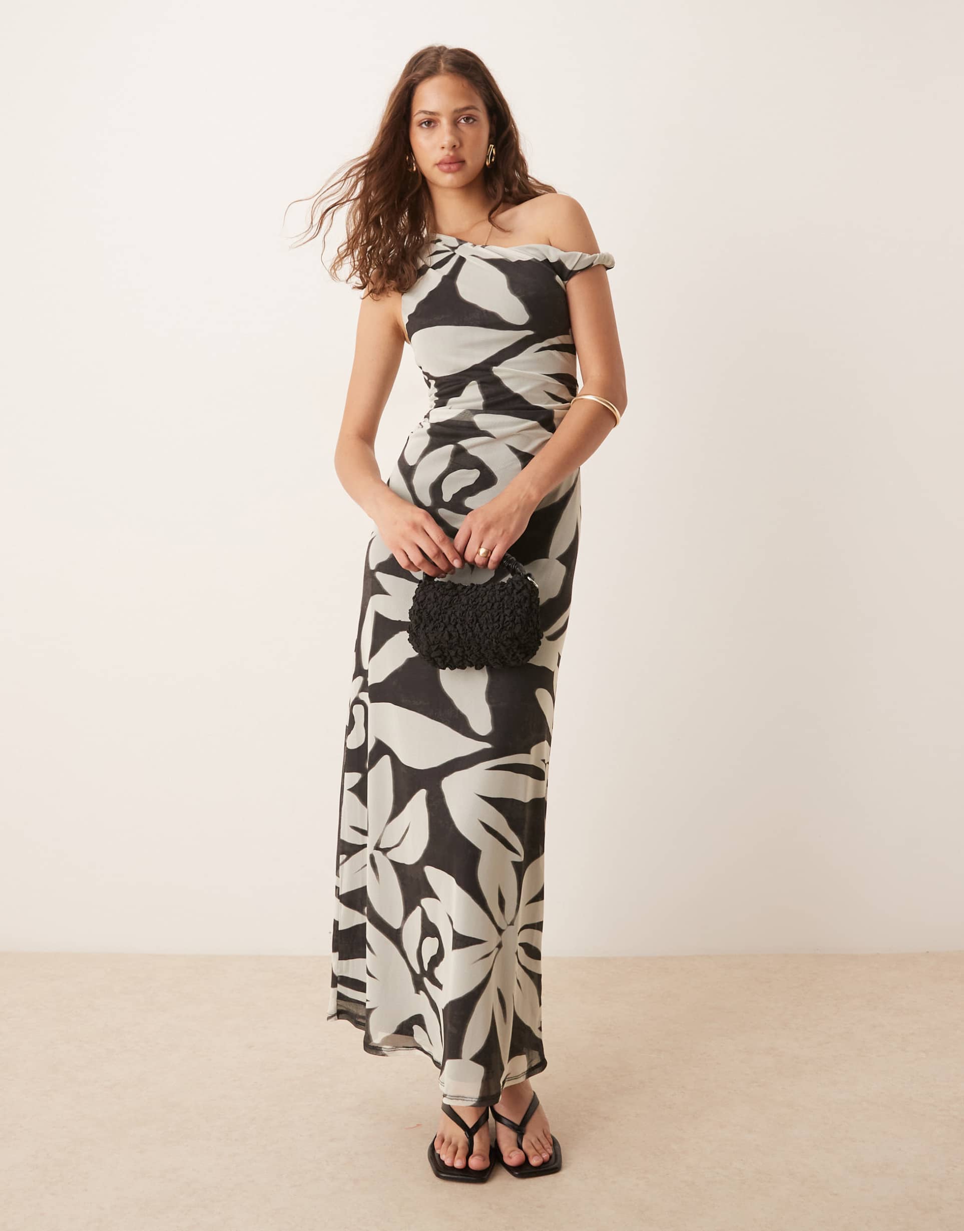 asos design mesh twist shoulder maxi dress in flower print