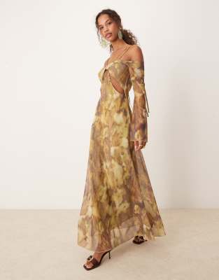Asos Design Mesh Twisted Off The Shoulder Maxi Dress With Floaty Sleeves In Abstract Print-multi