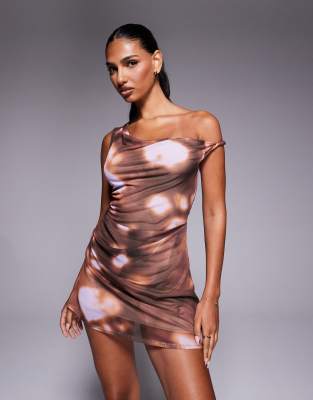 ASOS DESIGN mesh twisted shoulder mini dress with softline skirt in abstract print-Multi