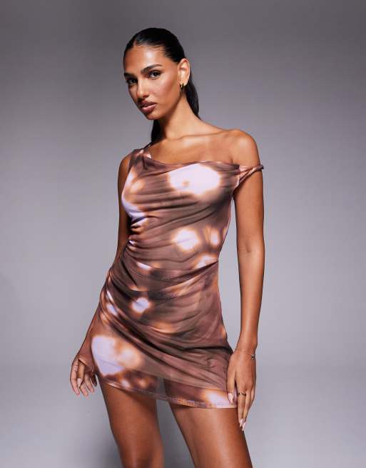 ASOS DESIGN mesh twisted shoulder mini dress with softline skirt in abstract print