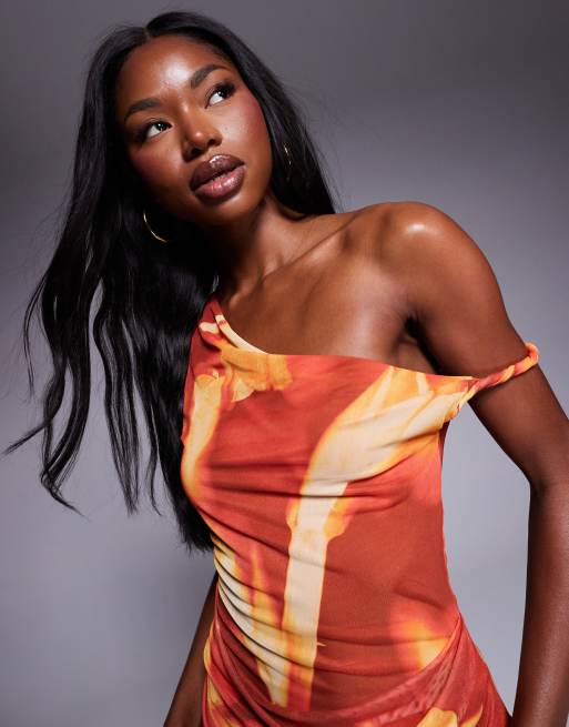 ASOS DESIGN mesh twisted shoulder mini dress with softline skirt in orange abstract print