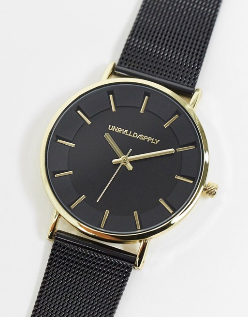 ASOS DESIGN stainless steel mesh watch with gold detail in black
