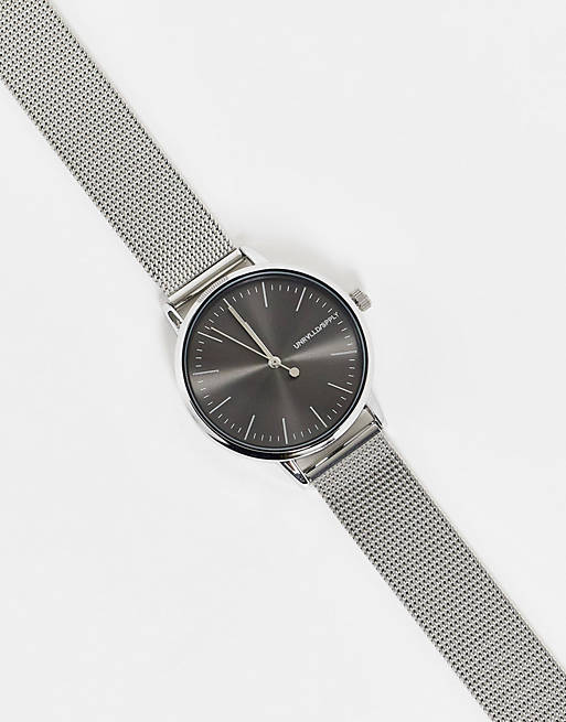 ASOS DESIGN mesh watch in with black face in silver tone