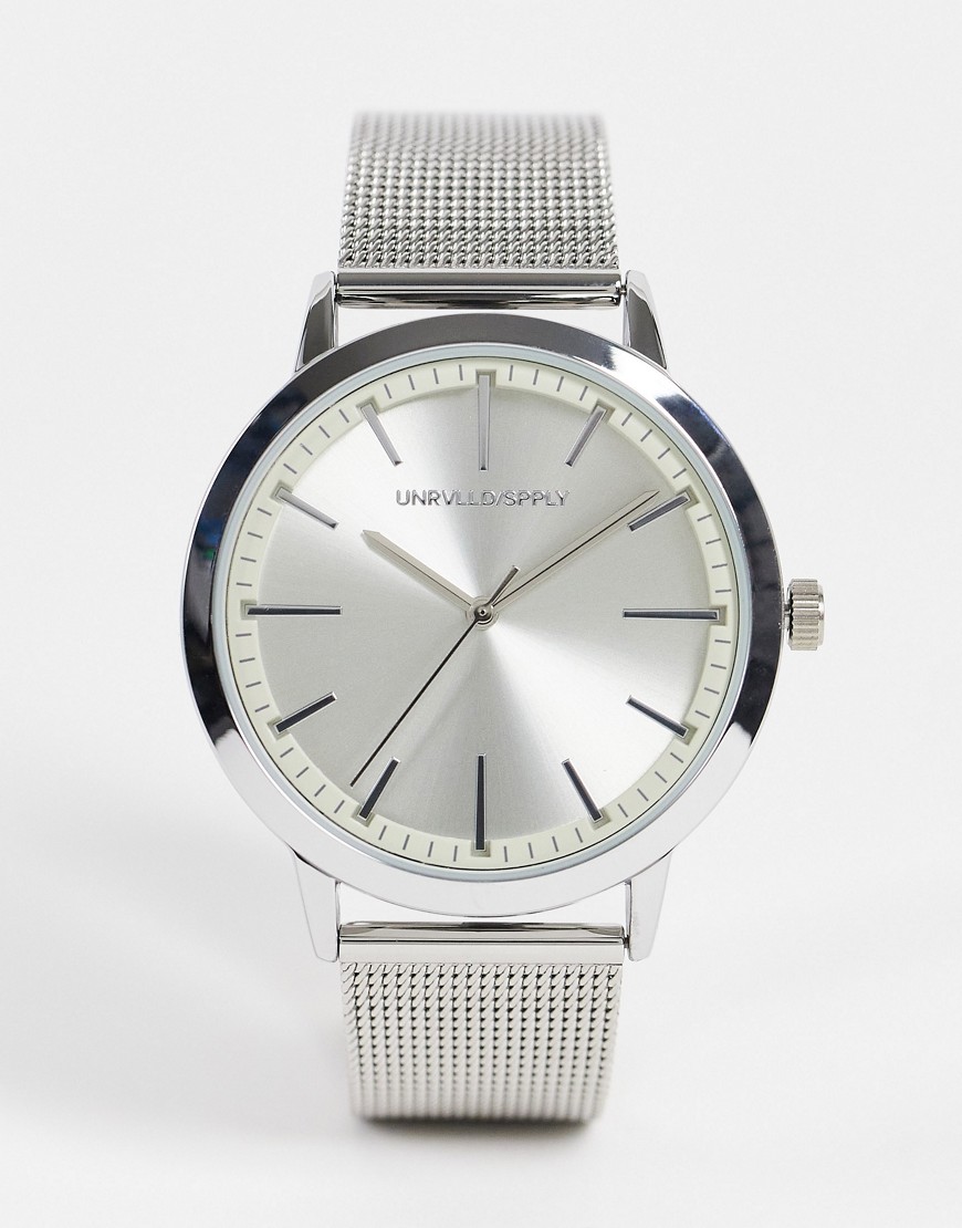 ASOS DESIGN mesh watch with gray face in silver tone