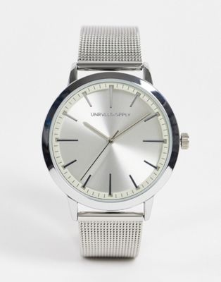 ASOS DESIGN mesh watch with grey face in silver tone
