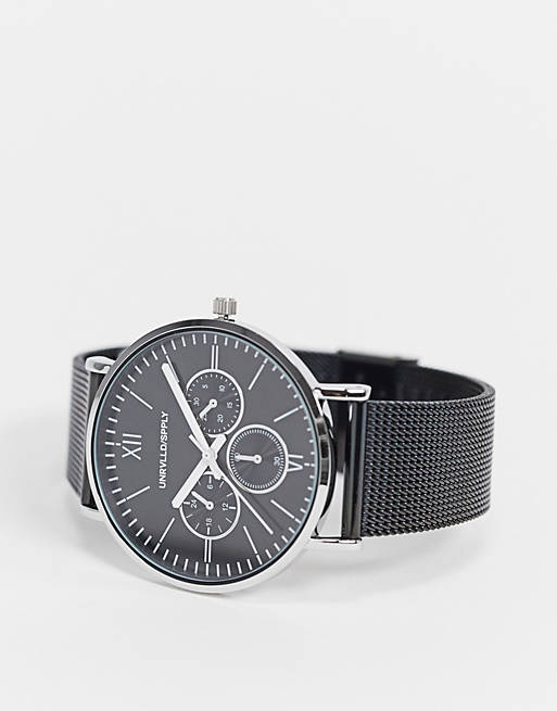ASOS DESIGN mesh watch with silver case and white highlights in black