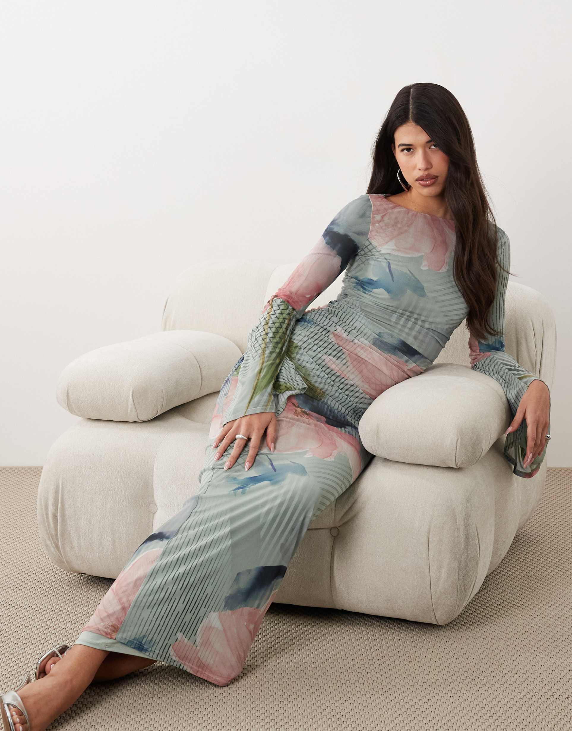 asos design mesh waterfall sleeve ruched maxi dress in blue floral