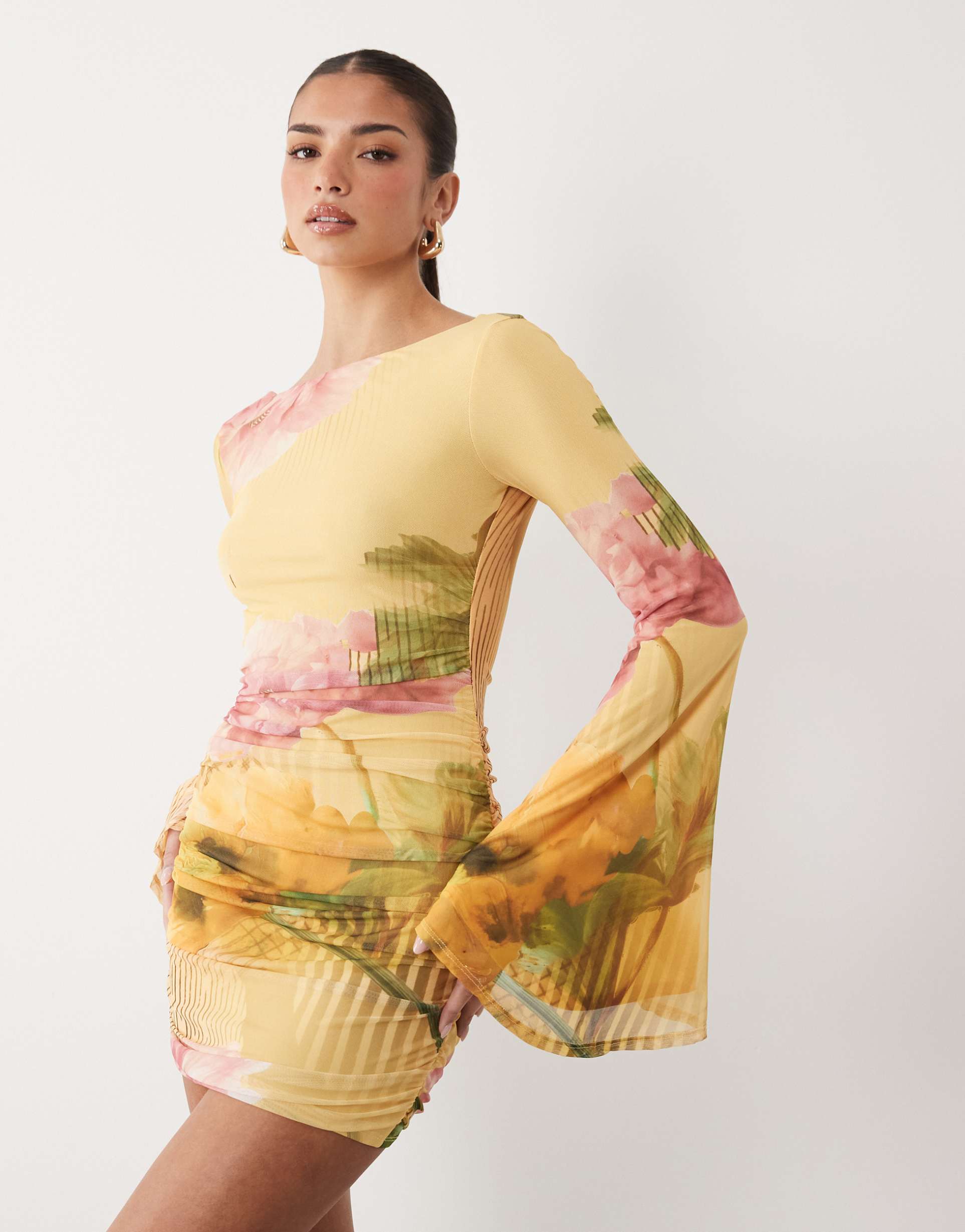 asos design mesh waterfall sleeve ruched mini dress in yellow floral