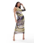 [ASOS DESIGN] ASOS DESIGN mesh wrap around one shoulder midi dress with gauged skirt in abstract swirl print-Multi 4 Abstract print