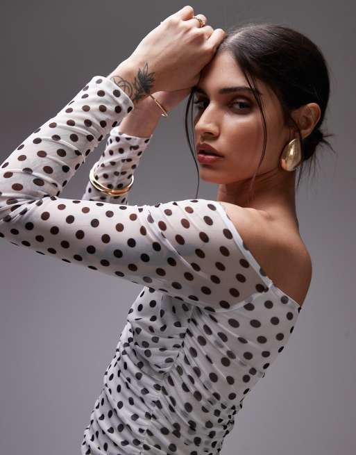 ASOS DESIGN mesh wrap bardot top in white polka dot