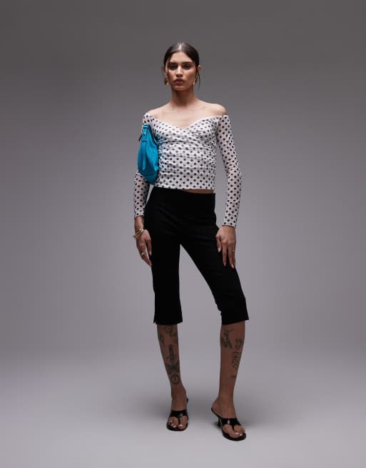 ASOS DESIGN mesh wrap bardot top in white polka dot