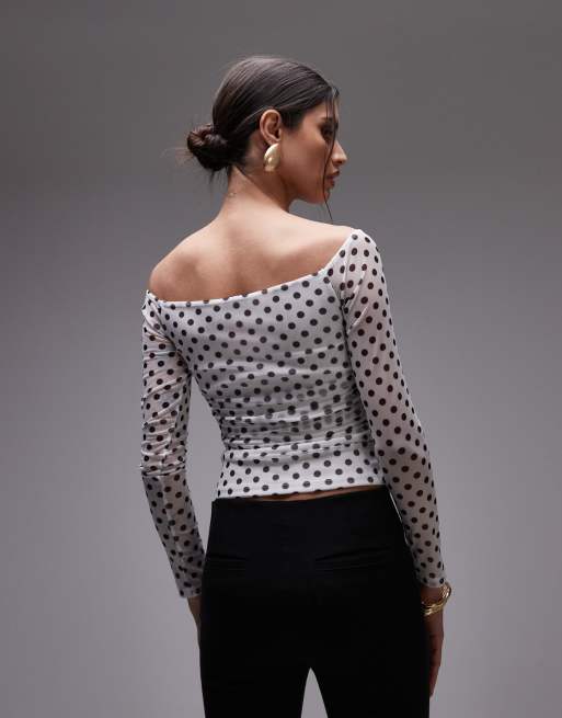 ASOS DESIGN mesh wrap bardot top in white polka dot