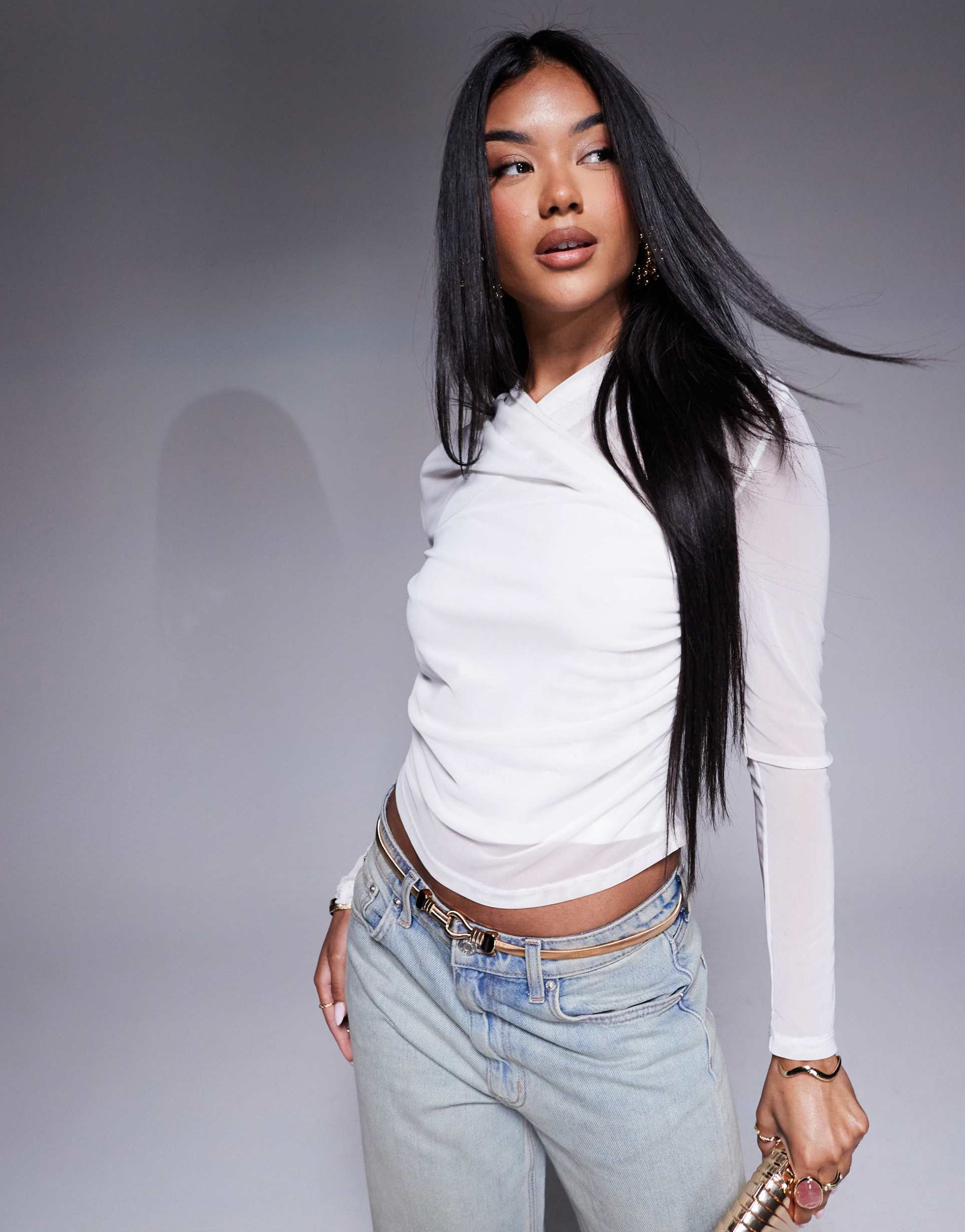 asos design mesh wrap long sleeve top in cream