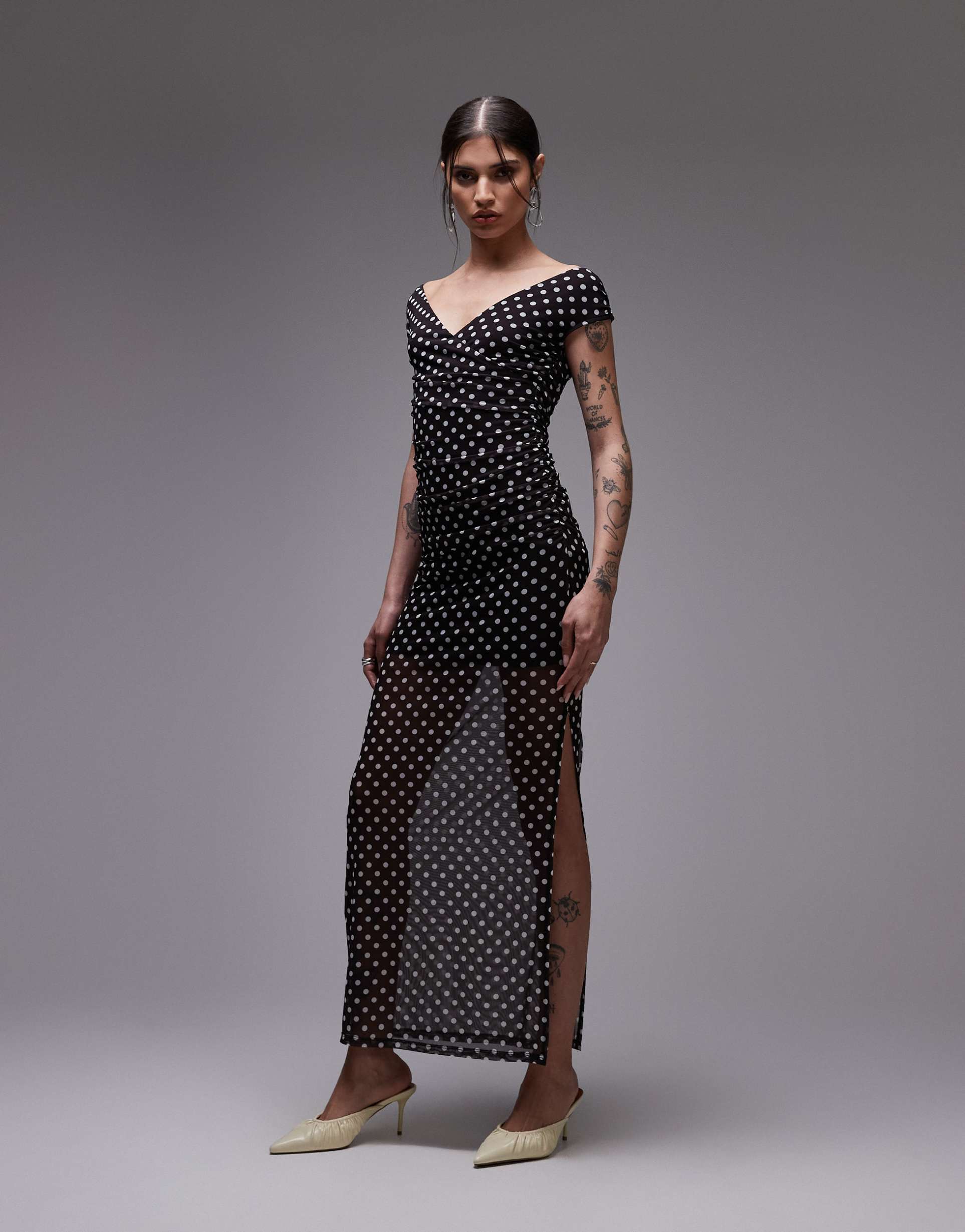 asos design mesh wrap maxi dress in black polka dot